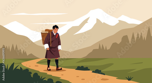 Bhutanese Pilgrim Walking on Mountain Path in Traditional Dress Journey