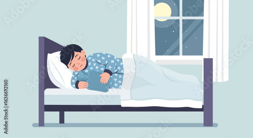 Boy Asleep In His Bed At Night With A Hot Water Bottle Illustration