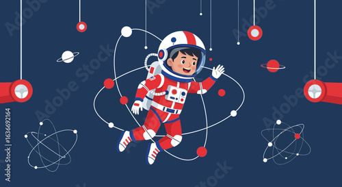 Boy Astronaut Exploring Space with Planets Atoms and Stars in Modern Flat Design