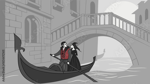 A romantic gondola ride under a venetian bridge featuring a couple dressed in historical attire evoking a timeless and elegant atmosphere