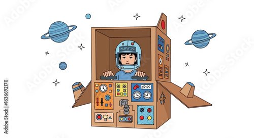 Boy Astronaut In Cardboard Rocket Exploring Space With Imagination And Dreams