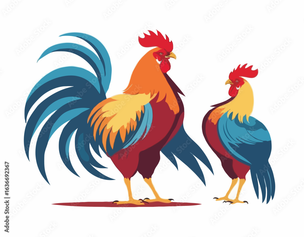 Fototapeta premium Two fighting roosters peck each others head in cockfights image vector.