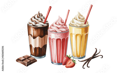 Three delicious milkshakes with toppings and ingredients