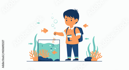 Boy Caring For His Aquatic Pets By Feeding Fish Inside Glass Tank
