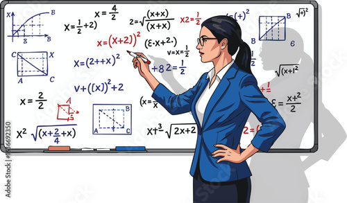 Woman Teacher Explaining Complex Math Equations on Whiteboard