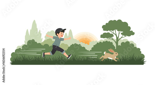 Boy Chasing A Rabbit Across The Meadow At Sunset In A Fun Cartoon Illustration