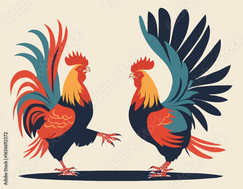 Two fighting roosters peck each others head in cockfights image vector.