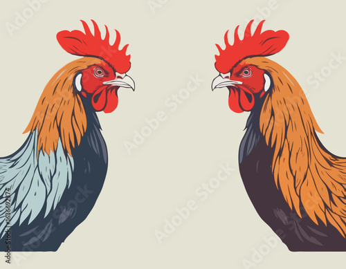Two fighting roosters peck each others head in cockfights image vector.