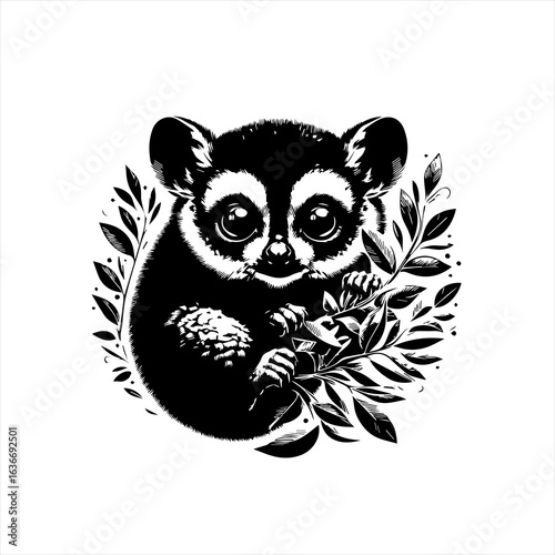 Cute bush baby clinging to a leafy branch in black and white illustration