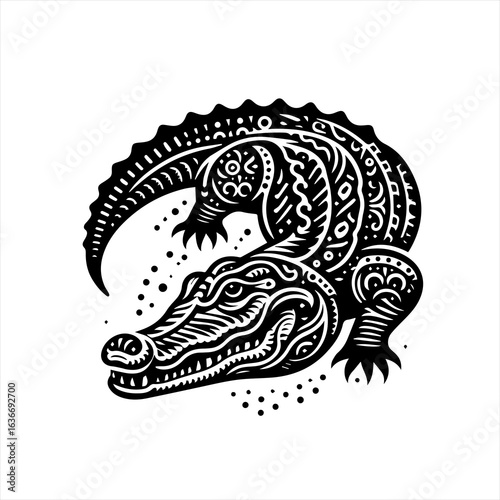 Intricate black and white tribal style crocodile illustration