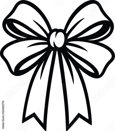 A detailed black and white vector line art illustration of a classic ribbon bow, ideal for gifts, celebrations, and as a decorative design element.