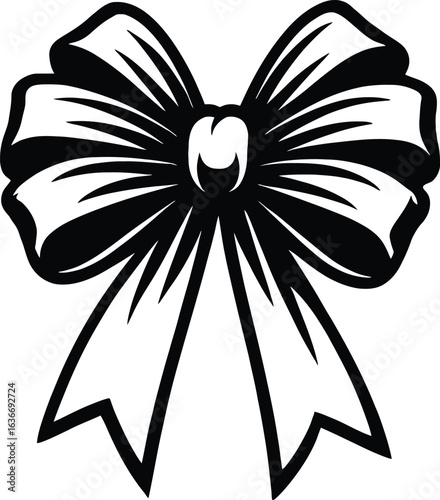A detailed black and white vector illustration of a festive ribbon bow, ideal for gifts, celebrations, and as a decorative design element.