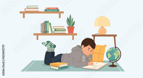 Boy Doing Homework Lying On The Floor Relaxed With Books And Lamp