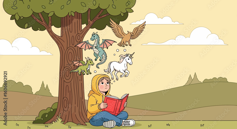 Fototapeta premium Boy Dreaming Of Mythical Creatures While Reading A Book Under A Tree