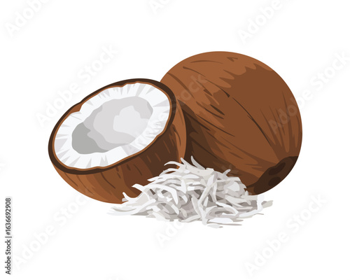 Fresh coconut halved with shredded coconut flakes