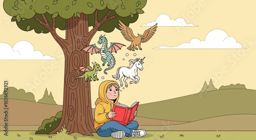 Boy Dreaming Of Mythical Creatures While Reading A Book Under A Tree