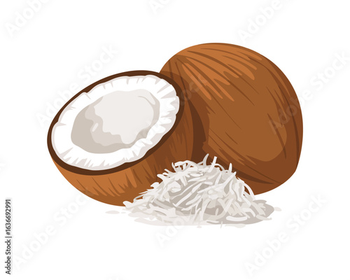 Fresh coconut and grated coconut illustration