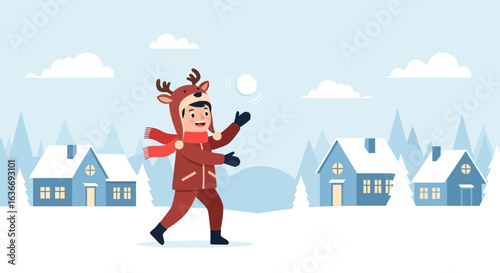 Boy Enjoying Snowball Fight In Winter Wonderland Scene With Reindeer Costume