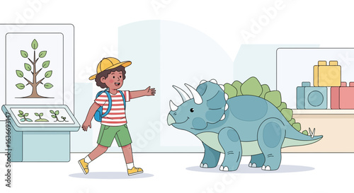 Boy Excitedly Approaches Dinosaur Exhibit at a Museum Exploring Prehistoric Wonders