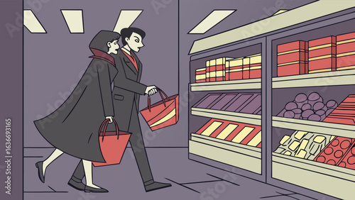 A couple dressed in dark attire with red shopping bags walks through a brightly lit grocery store aisle filled with colorful products