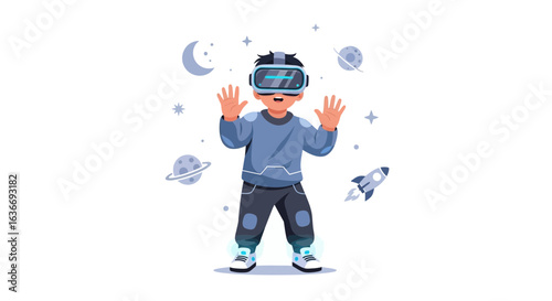 Boy Experiencing Virtual Reality Space Adventure Using Vr Goggles