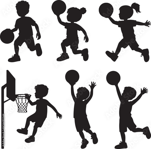 Six Black Silhouettes of Kids Playing Basketball