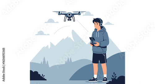 Boy Flying Drone In The Mountains Using Remote Controller With Headphones On Head