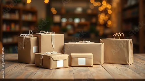 Neatly arranged package boxes on a wooden table, symbolizing shopping and delivery.