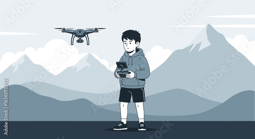Boy Flying Drone Over Mountain Range For Recreational Activity Outdoors