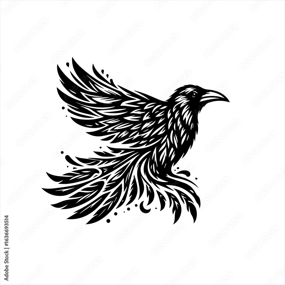 Fototapeta premium Stylized black raven with ornate wings in flight