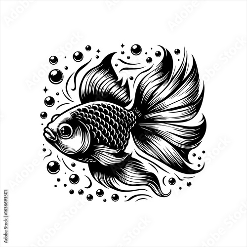 Stylized black and white betta fish with bubbles and stars