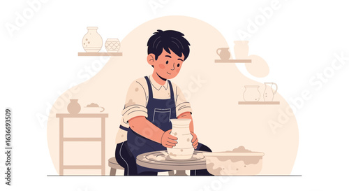 Boy Makes Pottery on The Wheel Creative Handmade Occupation Ceramics Artworks Displayed on Shelf