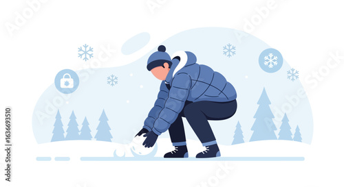 Boy Makes A Snowball In A Winter Scene In Flat Cartoon Illustration Style
