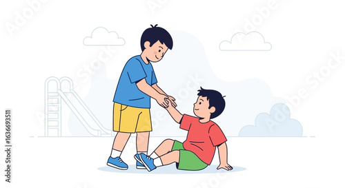 Boy Helps Friend Up Kindness Illustration on Playground Adventure for Children