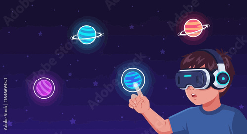 Boy Immersed In Virtual Reality Exploring Cartoon Planets And Futuristic Technologies