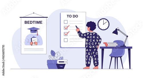 Boy In Pajamas Completing Tasks On To Do List At Home Late Hours