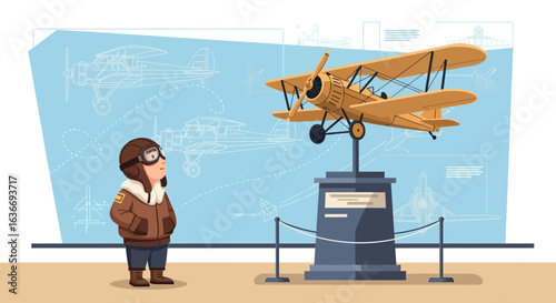 Boy Pilot Dreams of Flying with Vintage Airplane Display in Aviation Museum