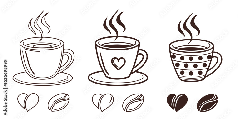 Obraz premium Coffee break essentials: Three steaming cups and beans for your modern cafe brand aesthetic
