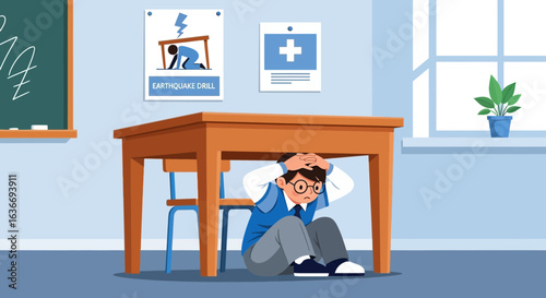 Boy practices earthquake drill under school desk in classroom safety procedure