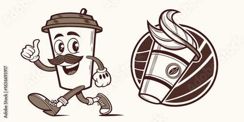 Retro coffee character promotes organic blend with a thumbs up, vintage coffee shop mascot