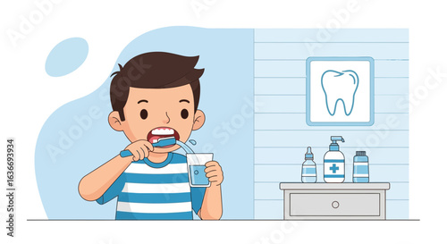 Boy practicing oral hygiene in the bathroom, brushing teeth and rinsing mouth with water for healthy gums and fresh breath