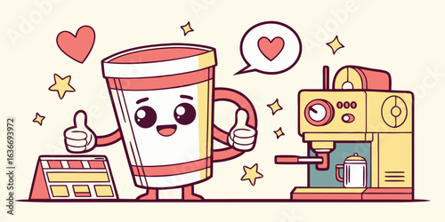 Cute coffee cup character giving thumbs up next to espresso machine, love and positivity, modern design
