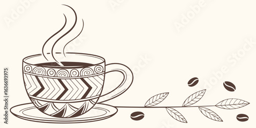 Hot coffee cup illustration with steam and coffee beans for cafe posters and breakfast menu designs