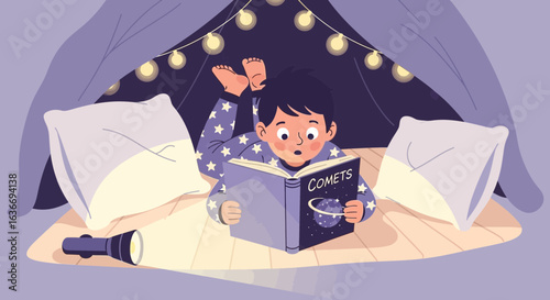 Boy Reading Comets Book Inside Tent With Fairy Lights During Night Time
