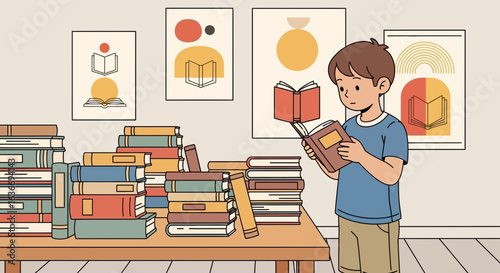Boy Reading Surrounded by Books in Home Library with Book Themed Art