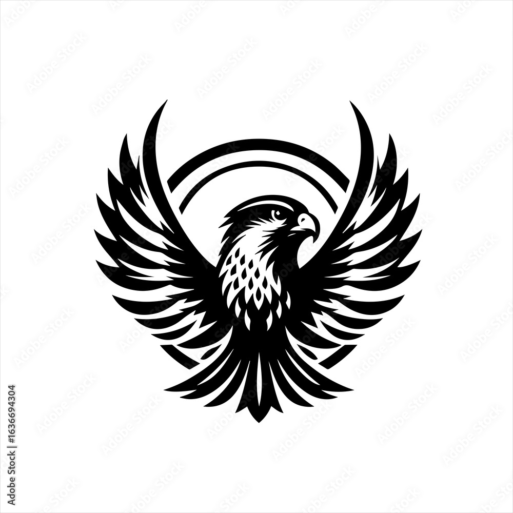 Fototapeta premium Stylized black falcon with outstretched wings and circular design