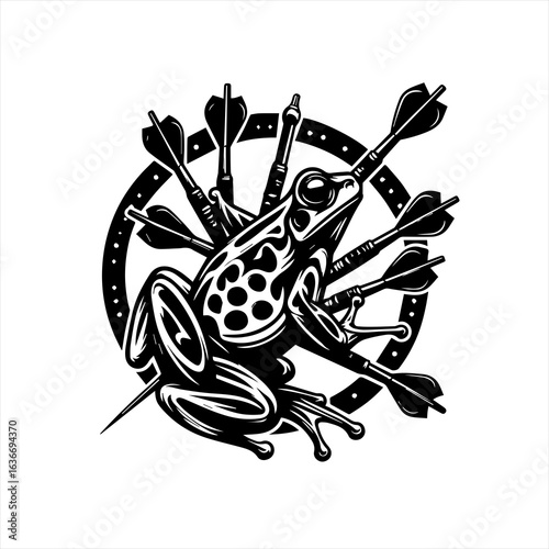 Stylized frog caught in darts and target symbol