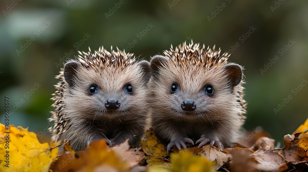 Fototapeta premium Two baby hedgehogs exploring a garden
