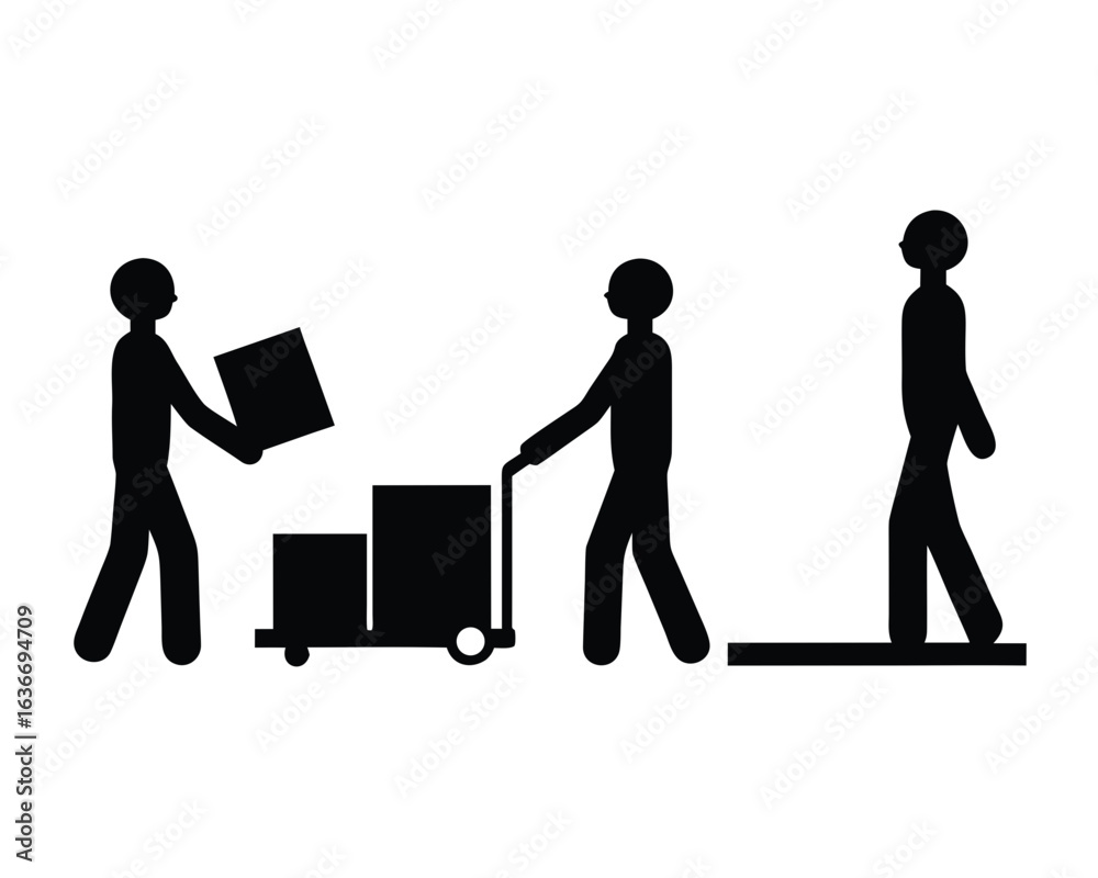 Obraz premium Warehouse workers moving boxes with a cart silhouette