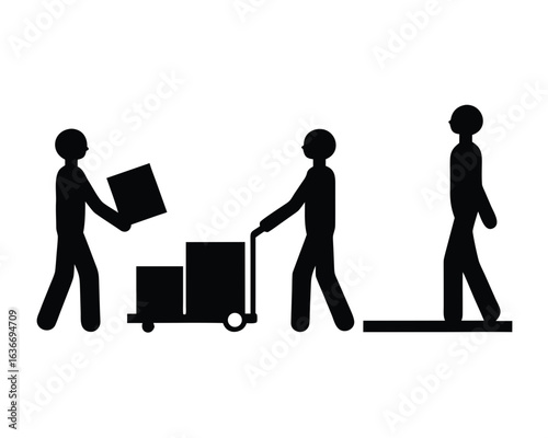 Warehouse workers moving boxes with a cart silhouette